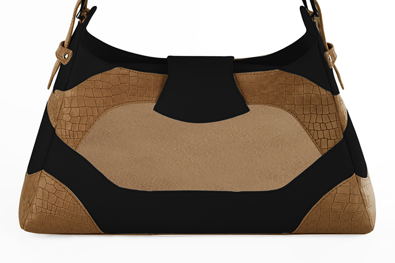 Matt black and tan beige women's dress handbag, matching pumps and belts. Rear view - Florence KOOIJMAN